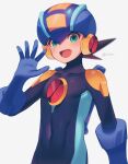  1boy :d blue_bodysuit blue_headwear blurry blush bodysuit brown_hair commentary_request covered_collarbone covered_navel depth_of_field green_eyes grey_background hand_up happy helmet highres looking_at_viewer male_focus mega_man_(series) mega_man_battle_network_(series) megaman.exe netnavi open_mouth short_hair simple_background smile solo spiked_hair twitter_username zero-go 