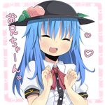  amaa_(chou_dennou_jidai) bad_id bad_pixiv_id blue_hair closed_eyes face food fruit hat heart hinanawi_tenshi long_hair open_mouth peach simple_background smile solo touhou upper_body 