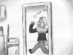 anthro black_and_white broom cleaning_tool clothed clothing detailed_background doorway female lizard looking_ahead monochrome motion_blur onomatopoeia reptile running scalie sevens_artchive solo sound_effects text trash_can wyede_(sevens_artchive)