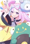  1girl :d absurdres bare_shoulders bellibolt blue_eyes bow-shaped_hair character_hair_ornament eyelashes fang hair_ornament highres iono_(pokemon) jacket long_hair long_sleeves looking_at_viewer multicolored_hair open_mouth pink_eyes pink_hair piyo_to_game pokemon pokemon_(creature) pokemon_sv skin_fang smile two-tone_hair v wide_sleeves yellow_jacket 