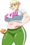  belly blonde_hair blue_eyes blush breasts elf elf-san_wa_yaserarenai. erufuda-san food french_fries highres holding_stomach large_breasts long_pointy_ears looking_at_viewer official_art plump pointy_ears thick_thighs thighs 