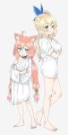  2girls ahoge animal_ears barefoot blonde_hair blue_eyes blush cat_ears choker commentary crossed_arms gengorou hinata_channel long_hair low_twintails mirai_akari mirai_akari_project multiple_girls nekomiya_hinata no_pants off_shoulder one_eye_closed pink_hair shirt side_ponytail smile t-shirt twintails virtual_youtuber white_shirt 