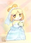 abstract_background animal_crossing anthro armwear blush bouquet canid canine canis clothing dated domestic_dog dress elbow_gloves female frilly frilly_clothing gem gloves hair_up handwear holding_object isabelle_(animal_crossing) jewelry kemono looking_at_viewer mammal necklace ni_jikan nintendo pearl_(gem) pearl_necklace shih_tzu signature smile solo sparkles toy_dog wedding_dress wedding_veil yellow_body yellow_eyes