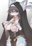 anthro bluepudding blush breasts canid canine canis clothing female hair hi_res legwear long_hair mammal milk musico_(character) nun nun_outfit shy solo stockings wolf