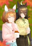  2girls ahoge animal_ears belt black_hair blurry blurry_background braid breasts brown_hair casual closed_mouth crown_braid eating food hair_between_eyes hair_ornament headband highres horse_ears horse_girl leaf long_hair manhattan_cafe_(umamusume) medium_hair multiple_girls small_breasts smile sumiki_inami sweat umamusume yellow_eyes yukino_bijin_(umamusume) 