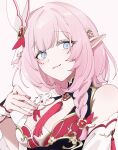  1girl bare_shoulders blue_eyes braid breasts brown_background c_uino closed_mouth elysia_(honkai_impact) hand_up highres honkai_(series) honkai_impact_3rd long_hair looking_at_viewer medium_breasts nail_polish pink_hair pink_nails pointy_ears simple_background single_braid smile solo upper_body wrist_cuffs 