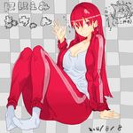  breasts chibi chibi_inset cleavage jacket large_breasts long_hair mori_hikiko original pants red_eyes red_hair sitting solo teriyaki track_jacket track_pants 