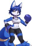 2024 absurd_res anthro arm_tuft blue_body blue_fur blue_hair bottomwear boxing_gloves bra breasts canid canine circlet clothing demonandwolf elbow_tuft eyebrows eyelashes female fox fur green_eyes hair handwear hi_res inner_ear_fluff knee_pads krystal looking_at_viewer mammal midriff navel nintendo short_hair shorts shoulder_tuft smile solo sports_bra star_fox tuft underwear white_body white_fur wraps wrist_wraps