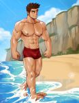  1boy artist_name bara beach biceps bird brown_hair bulge cloud cloudy_sky highres large_pectorals logo looking_to_the_side male_focus manly mature_male mondoart muscular muscular_male nipples original outdoors pectorals raeyr_(mondo) sand seagull short_hair signature sky solo spiked_hair swimsuit thick_arms thick_eyebrows thick_thighs thighs walking water wet 