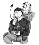  2boys aikawa_(dorohedoro) arm_on_shoulder artist_request blush colored_tips couple cropped_legs demon_tail dorohedoro eating facial_mark greyscale grin highres male_focus monochrome multicolored_hair multiple_boys no_eyebrows smile tail tatatasoma thick_eyebrows yaoi 