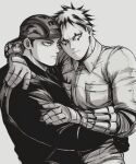  2boys absurdres aikawa_(dorohedoro) arm_hug backwards_hat bara closed_eyes collared_shirt dorohedoro facial_mark florbetriz gloves greyscale hand_on_another&#039;s_shoulder hand_on_another&#039;s_waist hat highres hug looking_to_the_side male_focus monochrome multicolored_hair multiple_boys muscular muscular_male mutual_hug pectoral_docking pectoral_press risu_(dorohedoro) shirt short_hair sideburns simple_background upper_body waist_hug yaoi 