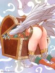  1girl ? angel_wings ass blonde_hair boots breath_of_fire breath_of_fire_i feathered_wings feet_out_of_frame gloves hamamuraacca highres knee_boots leotard nina_(breath_of_fire_i) red_leotard short_hair solo thighhighs treasure_chest twitter_username white_wings wings 
