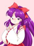  1girl :d blush bow eyes_visible_through_hair hair_bow hair_tubes hakurei_reimu hakurei_reimu_(pc-98) hands_up japanese_clothes kimono long_hair long_sleeves miko nonamejd nose_blush official_style parted_bangs pink_background purple_eyes purple_hair red_bow ribbon-trimmed_sleeves ribbon_trim simple_background smile solo steepled_fingers touhou touhou_(pc-98) very_long_hair white_kimono wide_sleeves zun_(style) 