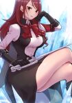  1girl black_gloves bow breasts closed_mouth commentary_request crossed_legs eyelashes gloves highres holding holding_sword holding_weapon ice invisible_chair kirijou_mitsuru kurosususu long_hair persona persona_3 persona_3_reload rapier red_bow red_eyes red_hair s.e.e.s sitting smile solo sword weapon white_background 