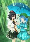  aqua_eyes aqua_hair black_hair hat holding holding_umbrella kawashiro_nitori kumomiya multiple_girls red_eyes shameimaru_aya shared_umbrella tokin_hat touhou umbrella 