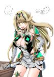  1girl absurdres bare_shoulders blonde_hair blush breasts brown_eyes cleavage cleavage_cutout clothing_cutout collarbone commentary_request covered_collarbone dress elbow_gloves gloves grey_dress hair_between_eyes hand_on_own_hip headpiece highres long_hair looking_at_viewer medium_breasts mythra_(xenoblade) open_mouth signature simple_background skindentation sleeveless sleeveless_dress sofusan1526 solo very_long_hair white_background white_gloves xenoblade_chronicles_(series) xenoblade_chronicles_2 
