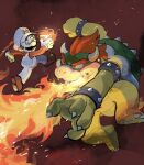  2boys arm_up armlet blue_eyes bowser bracelet breathing_fire brown_footwear brown_hair claws clenched_hand collar commentary_request facial_hair fighting fire fire_mario gloves hat horns jewelry long_sleeves looking_at_another mario mario_(series) multiple_boys mustache open_mouth outstretched_arm overalls pants red_background red_eyes red_hair red_shirt rinabee_(rinabele0120) sharp_teeth shirt shoes short_hair simple_background spiked_armlet spiked_bracelet spiked_collar spiked_shell spiked_tail spikes tail teeth turtle_shell v-shaped_eyebrows white_gloves white_headwear white_overalls white_pants 