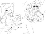  2girls breasts camel_(dansen) cleavage cup female giantess legs_crossed monochrome multiple_girls neko_majo one_eye_closed original sitting size_difference smile teacup vore wet 