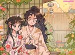 1boy 1girl blush closed_mouth couple dolman_(dm) flower garden highres japanese_clothes kimono long_hair original 