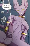anthro balls beerus dialogue dirty_talk domestic_cat dragon_ball dragon_ball_super erection felid feline felis genitals gold_(metal) gold_jewelry hairless hairless_cat hi_res jewelry looking_at_viewer male mammal masturbation nipples nude penile penile_masturbation penis prismanoodle_(artist) purple_body simple_background smile solo sphynx_(cat) tail yellow_sclera