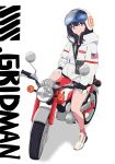  black_hair blue_eyes eyebrows_visible_through_hair gloves ground_vehicle hair_between_eyes helmet highres hood hoodie hoodie_vest jacket kengo long_hair looking_at_viewer moped motor_vehicle motorcycle motorcycle_helmet shoes sitting sitting_on_object smile sneakers ssss.gridman takarada_rikka vest white_jacket 