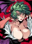  1girl alternate_hairstyle bat_wings black_leotard breasts cleavage clothing_cutout commentary demon_girl demon_wings eyebrows_hidden_by_hair fluff fur-trimmed_leotard fur_trim gloves green_eyes green_hair head_wings heart_cutout highres large_breasts leotard looking_at_viewer morrigan_aensland orange_gloves pantyhose red_background seductive_smile short_hair smile solo takatsuki_ichi unfinished upper_body vampire_(game) wings 