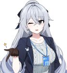  1girl ;d black_gloves blue_jacket blush breasts bronya_zaychik commentary_request gloves grey_eyes grey_hair grey_sweater hair_between_eyes highres honkai_(series) honkai_impact_3rd jacket lanyard large_breasts lix_(iroiro3843) long_hair looking_at_viewer one_eye_closed open_clothes open_jacket open_mouth short_sleeves simple_background smile solo sweater upper_body very_long_hair white_background 