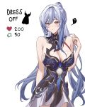  1girl bare_arms bare_shoulders blue_dress blue_hair blush breasts chinoa cleavage commentary cowboy_shot dress highres honkai:_star_rail honkai_(series) jingliu_(honkai:_star_rail) large_breasts long_hair looking_at_viewer meme pink_eyes ponytail sleeveless sleeveless_dress smile solo standing twitter_strip_game_(meme) very_long_hair 