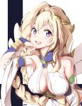  1girl absurdres bare_shoulders blonde_hair blush braid breasts cleavage commentary_request english_commentary feathermage flower hair_between_eyes hair_flower hair_ornament highres large_breasts long_hair looking_at_viewer lyrael_(princess_connect!) mixed-language_commentary navel open_mouth princess_connect! purple_eyes smile solo 