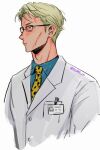  1boy animal_print blonde_hair blue_shirt brown_eyes collared_shirt glasses jujutsu_kaisen lab_coat leopard_print male_focus name_tag nanami_kento necktie nume_x shirt short_hair solo upper_body yellow_necktie 