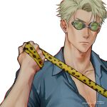  1boy blonde_hair blue_shirt chair collarbone collared_shirt goggles holding holding_necktie jujutsu_kaisen lips looking_at_viewer male_focus nanami_kento necktie nume_x pectorals shirt upper_body 