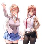  2girls absurdres arm_at_side arm_up belt belt_buckle black_pantyhose black_shorts blazer blue_eyes blue_skirt blush breasts brown_hair brown_jacket buckle closed_mouth collared_shirt commission curvy doki_doki_literature_club green_eyes hair_between_eyes hair_ornament hair_ribbon hand_on_own_hip high_ponytail highres jacket large_breasts long_hair long_sleeves machulanko makise_kurisu miniskirt monika_(doki_doki_literature_club) multiple_girls necktie open_mouth orange_sweater orange_vest over-kneehighs pantyhose pleated_skirt ponytail red_necktie ribbon school_uniform shirt shorts simple_background skin_tight skirt smile steins;gate straight_hair sweater teeth thick_thighs thighhighs thighs tongue upper_teeth_only very_long_hair vest waving white_background white_ribbon white_shirt wing_collar 