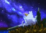  aomon_(yuuji7604) beak bird commentary duck galaxy grass highres holding holding_shield holding_sword holding_weapon night night_sky pokemon pokemon_(creature) shield sirfetch&#039;d sky spring_onion star_(sky) starry_sky sword water weapon white_fur 