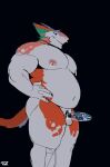 absurd_res anthro aviesergal balls belly big_belly black_background chastity_cage chastity_device chubby_male dildo facial_piercing genitals glass_dildo hair hi_res humanoid male moobs nipple_piercing nipples nose_piercing orange_hair orange_tail penis piercing sergal sex_toy simple_background small_balls small_penis solo solo_focus strapon tail white_hair wide_hips