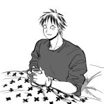  1boy blonde_hair colored_tips cup dorohedoro facial_mark greyscale happy looking_to_the_side male_focus monochrome mug multicolored_hair no_eyebrows on_bed risu_(dorohedoro) shirt sitting smile solo t-shirt to_(pixiv_34180059) under_covers upper_body 