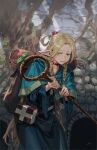  1girl backpack bag blonde_hair blue_capelet blue_dress book braid bright_pupils capelet choker dress dungeon_meshi elf furrowed_brow green_eyes hair_around_ear hair_over_shoulder hair_ribbon highres holding holding_staff infukun long_hair long_sleeves looking_to_the_side low_twintails mage_staff marcille_donato outdoors parted_lips pointy_ears red_choker red_ribbon ribbon satchel signature solo sprout staff stone_wall tree twintails very_long_hair white_pupils wide_sleeves worried 