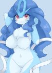 anthro anthrofied blue_body blue_fur blue_hair blush breasts chest_tuft diamond_(marking) featureless_breasts featureless_crotch female fluffy fur generation_2_pokemon hair hands_behind_head hi_res kemono kuzuyu legendary_pokemon long_hair markings multicolored_body multicolored_fur navel nintendo nude pokemon pokemon_(species) pokemorph red_eyes ribbons_(anatomy) solo suicune tail tuft two_tone_body two_tone_fur