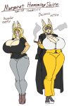 anthro big_breasts boots bottomwear breasts business_suit cigar cleavage clothed clothing coat denim denim_bottomwear denim_clothing digital_media_(artwork) english_text eyewear female footwear fur hair hi_res huge_breasts jeans lagomorph leporid looking_at_viewer lurker_bot mammal margaret_hemmingshire mature_anthro mature_female pants rabbit shirt simple_background smile smoking standing suit sunglasses text thick_thighs topwear yellow_clothing yellow_suit