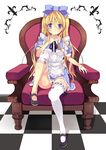  alice_(wonderland) alice_in_wonderland apron bad_id bad_pixiv_id bandages blonde_hair blood blood_stain blue_eyes blush bow chair checkered checkered_floor dress full_body garters hair_bow hand_on_own_chest knee_up leg_lift long_hair mary_janes ribbon shoes single_thighhigh sitting solo thighhighs white_legwear yukiwo 