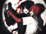 2boys black_hair black_sweater blood_on_wall closed_eyes facing_another gun haebu highres holding holding_gun holding_hands holding_knife holding_weapon knife knife_behind_back maeno_aki male_focus multiple_boys open_mouth red_eyes red_hair shared_handcuffs shirt short_hair short_hair_with_long_locks smile sweater tile_wall tiles tsugino_haru turtleneck turtleneck_sweater weapon white_background white_shirt yaoi zeno_(game) 