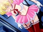  animated animated_gif blonde_hair breasts chidoria_mika cum cum_on_body cum_on_breasts cum_on_upper_body ero_train erogos facial gif lowres red_legwear red_thighhighs thighhighs 