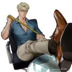  1boy black_socks blonde_hair blue_shirt brown_footwear chair collarbone collared_shirt full_body goggles grey_pants holding holding_necktie jujutsu_kaisen male_focus nanami_kento necktie nume_x pants shirt shoes short_hair sitting socks solo table yellow_necktie 