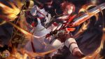  2girls benghuai_xueyuan blue_eyes breasts cleavage copyright_name fire gloves highres holding holding_sword holding_weapon honkai_(series) multiple_girls murata_himeko oath_of_judah official_art red_eyes second-party_source sword theresa_apokalypse weapon white_hair yellow_eyes 