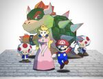 1girl 4boys arm_up black_eyes blonde_hair blue_eyes blue_overalls blue_pants blue_vest bowser bracelet brown_footwear brown_hair claws closed_mouth commentary_request crown dress earrings elbow_gloves eyelashes facial_hair gloves hat horns jewelry lips long_hair long_sleeves looking_at_viewer looking_back low_poly mario mario_(series) multiple_boys mustache open_clothes open_vest overalls pants pink_dress princess_peach puffy_short_sleeves puffy_sleeves red_eyes red_hair red_headwear red_shirt red_toad_(mario) rinabee_(rinabele0120) sharp_teeth shirt shoes short_hair short_sleeves simple_background smile sphere_earrings spiked_shell spikes standing stone_floor studded_bracelet super_mario_64 teeth toad_(mario) turtle_shell v v-shaped_eyebrows vest white_background white_gloves 