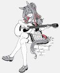  1girl acoustic_guitar animal_ears aqua_eyes closed_mouth crossed_legs domino_mask el_condor_pasa_(umamusume) guitar high_ponytail highres holding holding_guitar holding_instrument horse_ears horse_girl horse_tail instrument loafers long_hair mask oo_sungnim partially_colored ponytail sailor_collar school_uniform shirt shoes short_sleeves sitting skirt smile solo tail thighhighs tracen_school_uniform umamusume 