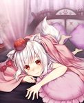  :3 animal_ears barefoot bed blanket blush frilled_pillow frills hat inubashiri_momiji looking_at_viewer lying on_stomach pillow red_eyes short_hair silver_hair sleeveless solo sugimeno tail tokin_hat touhou wolf_ears wolf_tail 