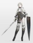  1girl armor bandage_over_one_eye belt blonde_hair boots braid breastplate full_body gauntlets grey_background grey_eyes hand_on_shield highres holding holding_sword holding_weapon km_yama long_hair original planted_shield plate_armor shield single_braid solo standing sword thigh_boots weapon 