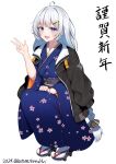  1girl ahoge black_jacket blue_eyes blue_kimono floral_print_kimono grey_hair highres jacket jacket_on_shoulders japanese_clothes kimono kizuna_akari long_hair m-&gt;g open_mouth sandals simple_background smile solo v vocaloid voiceroid white_background 