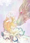  armband bad_id bad_pixiv_id blonde_hair dragon dress eye_contact flower frills green_eyes hair_flower hair_ornament highres long_hair looking_at_another monster original red_eyes solo yahhoho 