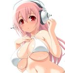  artist_request bikini blush breasts extraction hand_on_own_chest headphones large_breasts long_hair nitroplus pink_hair red_eyes solo super_sonico swimsuit transparent_background underboob wet 
